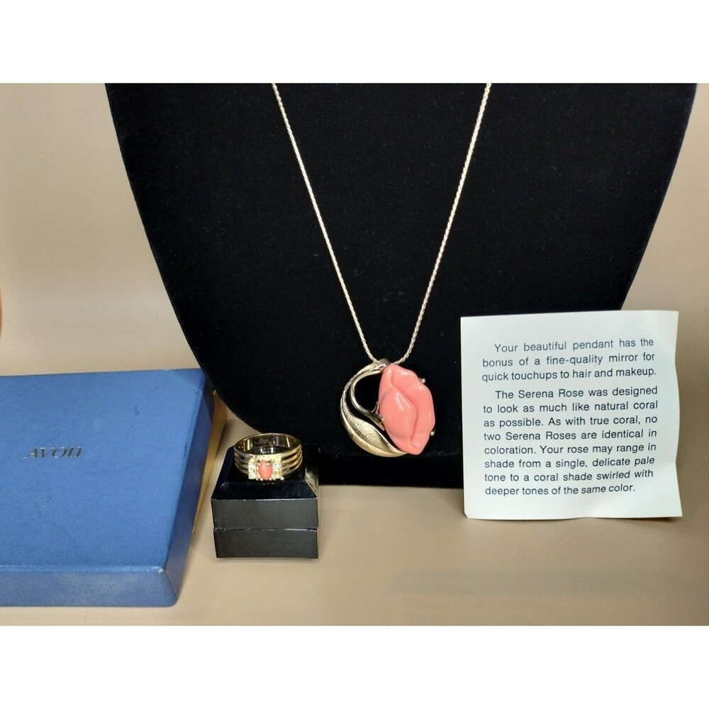 Vintage Avon Serena Rose Coral Pink Brooch Pendant Necklace Flower Floral Ring 2
